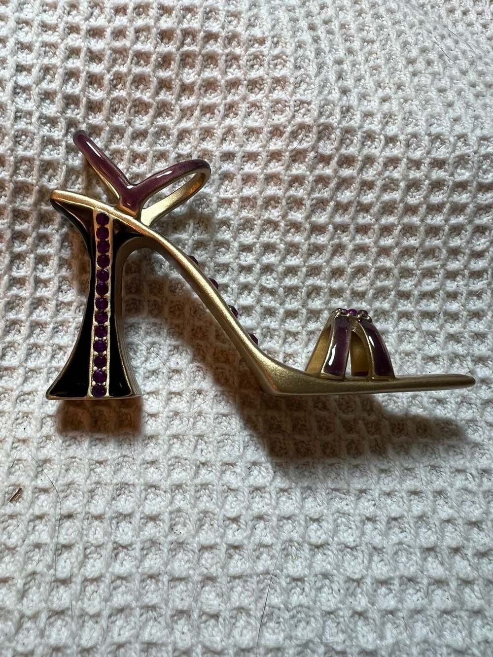 High Heel Shoe Ornament Gold Tone with Purple Enamel and Rhinestones